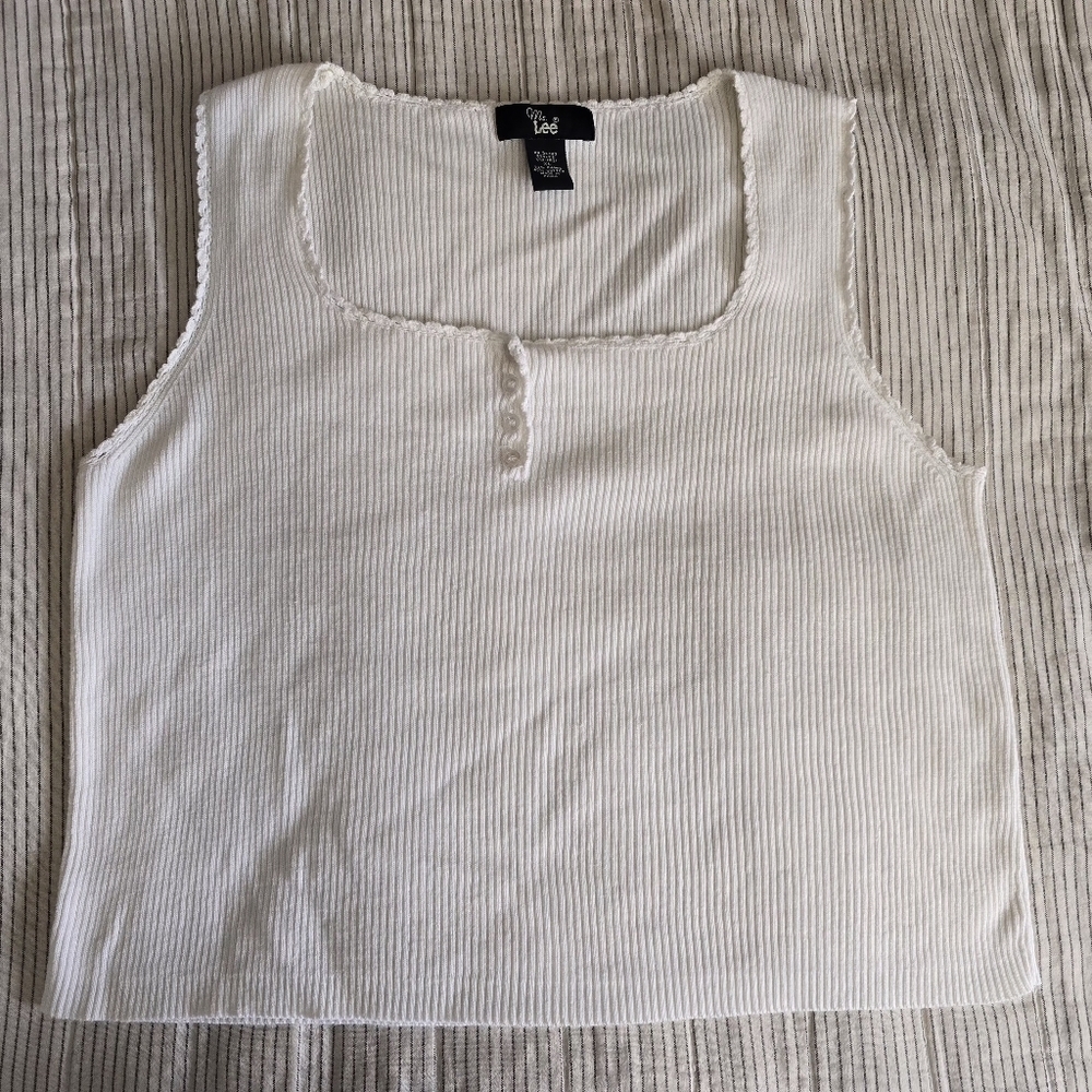 Vtg Y2k Ms. Lee White Ribbed Sleeveless Square Neck Henley Size XL Cropped